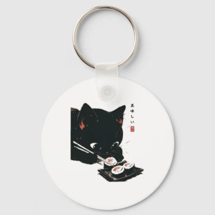 黒猫食べ寿司 – Cat日本の Art キーホルダー