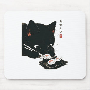 黒猫食べ寿司 – Cat日本の Art マウスパッド