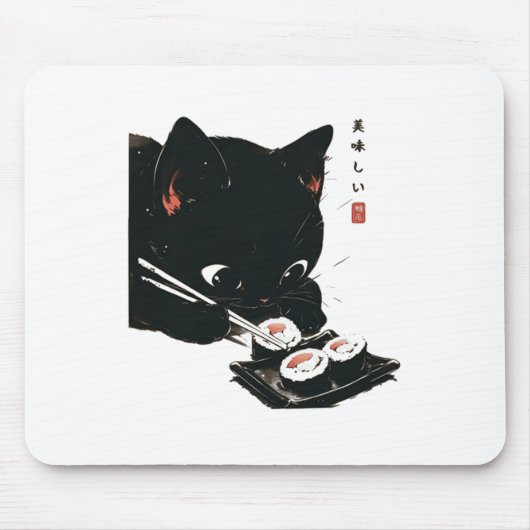 黒猫食べ寿司 – Cat日本の Art マウスパッド (正面)