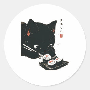 黒猫食べ寿司 – Cat日本の Art ラウンドシール