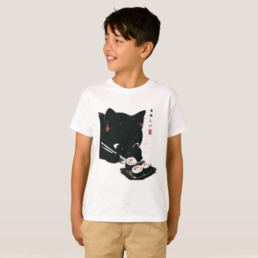 黒猫食べ寿司 – Cat日本の Art Tシャツ (正面フル)