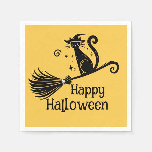 黒猫魔女のほうきに乗るハロウィン スタンダードカクテルナプキン (正面)