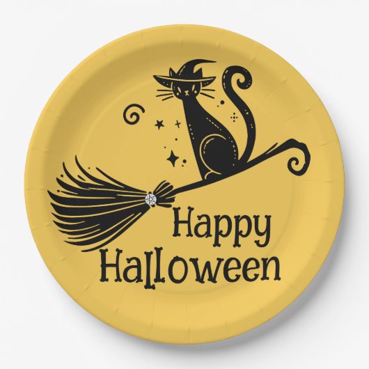 黒猫魔女のほうきに乗るハロウィン ペーパープレート (正面)