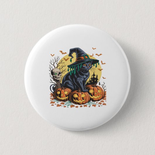 黒猫魔女のハロウィンパンプキン オーバーサイズ 缶バッジ (正面)