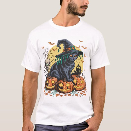 黒猫魔女の怖いハロウィンパンプキン オーバーサイズ Tシャツ (正面)