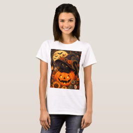 黒猫魔女ハロウィンカボチャ秋可愛い Tシャツ