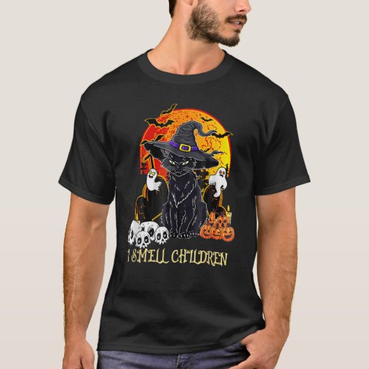黒猫魔女子供のにおいがするハロウィン メンズ レディース Tシャツ (正面)