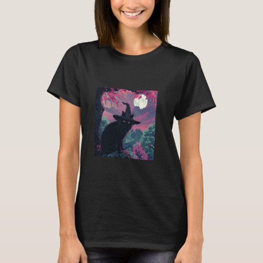 黒猫魔女帽子の桜 Tシャツ (正面)