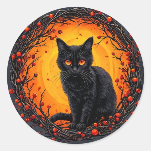 黒猫魔女帽子カボチャハロウィンかわいい ラウンドシール (正面)