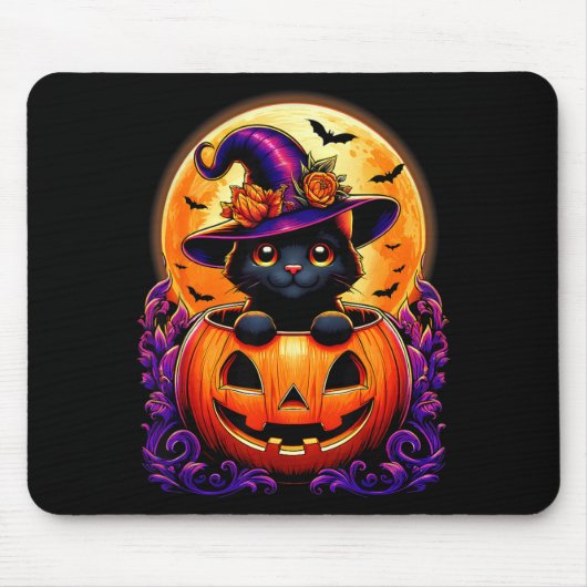黒猫魔女帽子カボチャ面白いハロウィン男性 マウスパッド (正面)