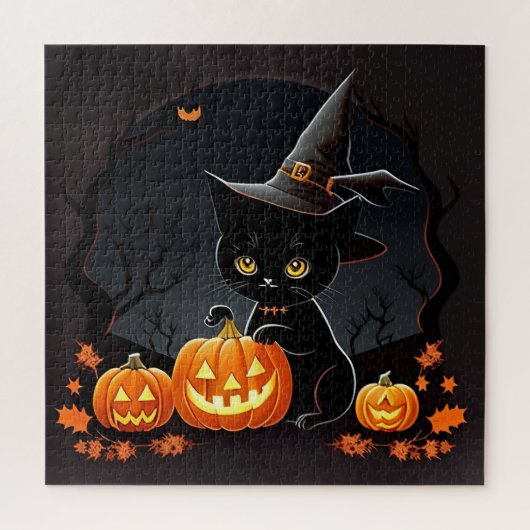 黒猫魔女帽子ハロウィンパンプキン ジグソーパズル (縦)
