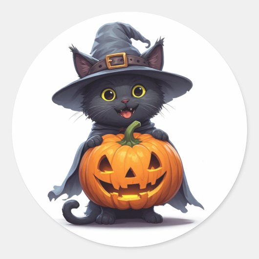 黒猫魔女帽子パンプキンハロウィーン飾り 🎃 ラウンドシール (正面)