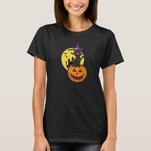 黒猫魔女帽子月のかぼちゃハロウィンコスチューム Tシャツ (正面)