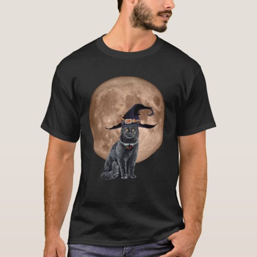 黒猫魔女帽子月ハロウィーン怖くて楽しいC Tシャツ (正面)