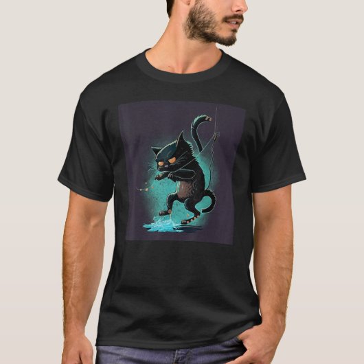 黒猫魚釣りダビングダンス1 Tシャツ (正面)
