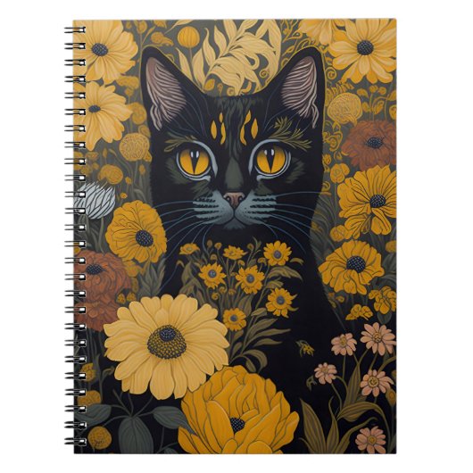 黒猫黄色い目ヴィンテージの花 ノートブック (正面)