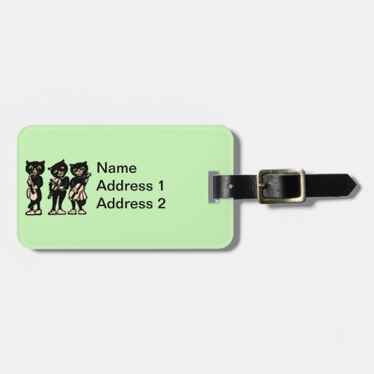 黒猫3匹の音楽遊楽器グリーン ラゲッジタグ (正面横)