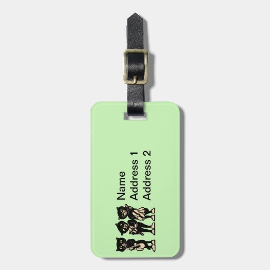 黒猫3匹の音楽遊楽器グリーン ラゲッジタグ (正面縦)
