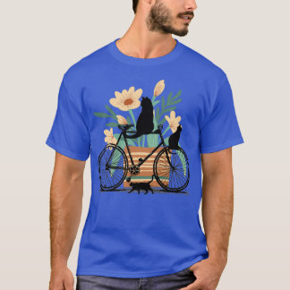 黒猫3匹、自転車、花ポット Tシャツ