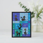 黒猫5匹の構図ミッドナイトブルー ポストカード (スタンド正面)