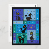 黒猫5匹の構図ミッドナイトブルー ポストカード (正面/裏面)