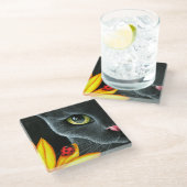 黒猫510 ladybug黄色の花 ガラスコースター (アングル)