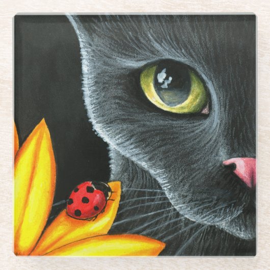 黒猫510 ladybug黄色の花 ガラスコースター (正面)