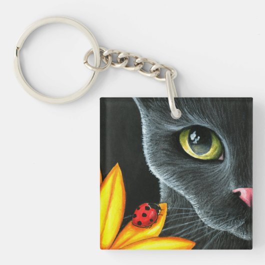 黒猫510 ladybug黄色の花 キーホルダー (正面)