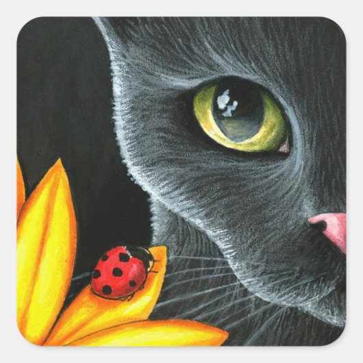 黒猫510 ladybug黄色の花 スクエアシール (正面)