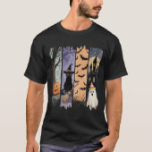 黒猫、お化け、カボチャ、コウモリ、幽霊の家 Tシャツ (正面)