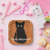 黒猫、かわいい子猫、オレンジきらめく色グリッター ペーパープレート (パーティー)