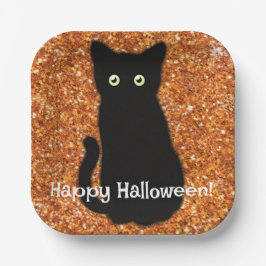 黒猫、かわいい子猫、オレンジきらめく色グリッター ペーパープレート