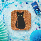 黒猫、かわいい子猫、オレンジきらめく色グリッター ペーパープレート (パーティー)