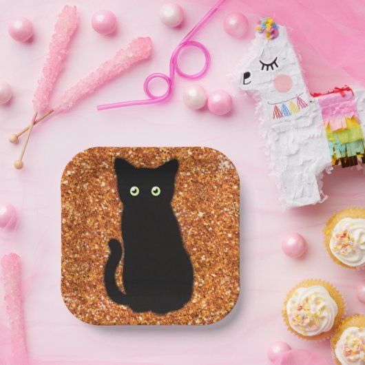 黒猫、かわいい子猫、オレンジきらめく色グリッター ペーパープレート (パーティー)