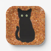 黒猫、かわいい子猫、オレンジきらめく色グリッター ペーパープレート (正面)