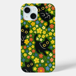 黒猫 | かわいい黒猫の花畑柄 iPhone 15ケース