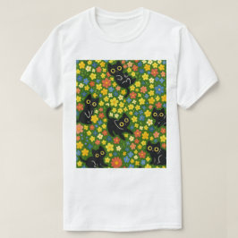 黒猫 | かわいい黒猫の花畑柄 Tシャツ