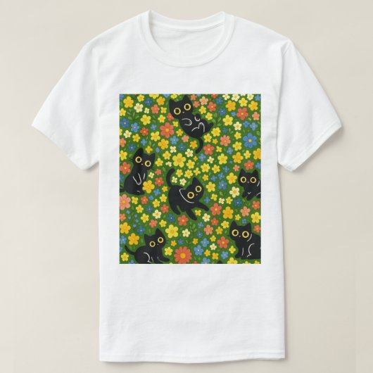 黒猫 | かわいい黒猫の花畑柄 Tシャツ (デザイン正面)