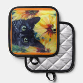 黒猫・ひまわりオーブンミッツ&ポットホルダー 鍋敷き (正面/裏面)