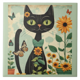 黒猫、ひまわり、蝶々、ネイティブアート タイル