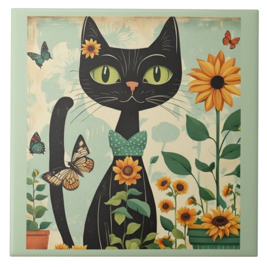 黒猫、ひまわり、蝶々、ネイティブアート タイル (正面)