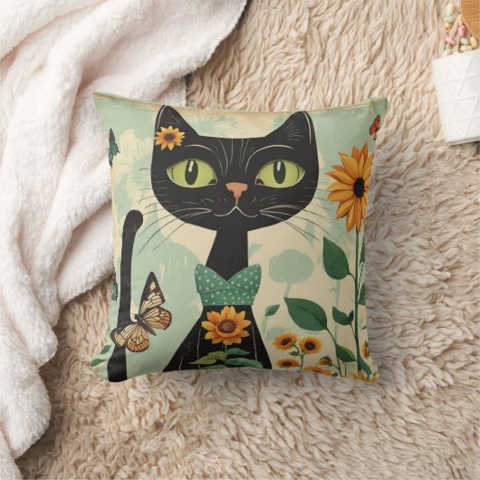 黒猫，ひまわり，蝶，先住民アート クッション (ブランケット)