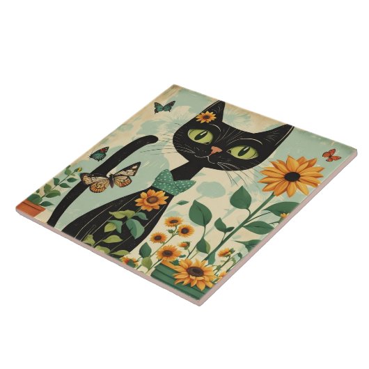 黒猫,ひまわり,蝶,先住民アート タイル (側面)