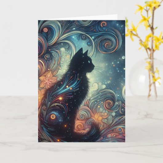 黒猫 カード (黄色い花)