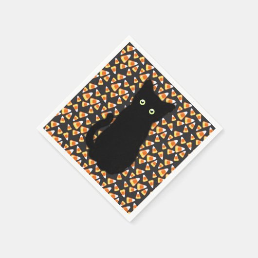 黒猫、キャンディーコーンパターン、ハロウィーンおもしろい スタンダードカクテルナプキン (角)