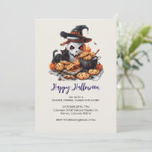 黒猫、クッキーと白い不気味ジャー、ハロウィーン 招待状 (スタンド正面)