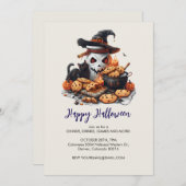 黒猫、クッキーと白い不気味ジャー、ハロウィーン 招待状 (正面/裏面)