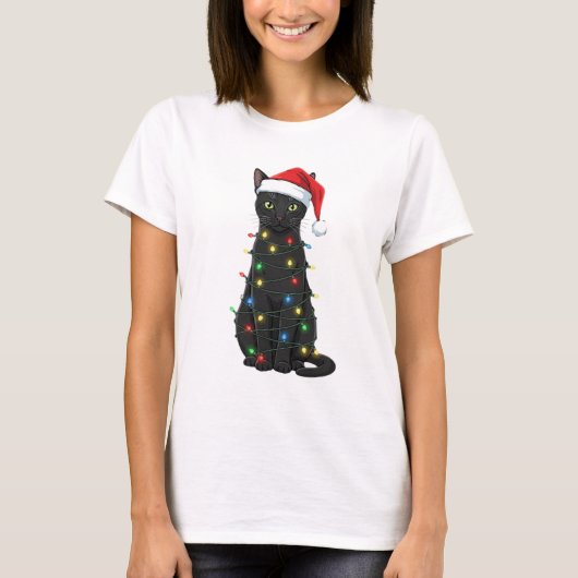黒猫 クリスマス サンタクロース好き Tシャツ (正面)