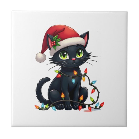 黒猫 クリスマス ライト サンタ帽子 面白い クリスマス カジュアル タイル (正面)