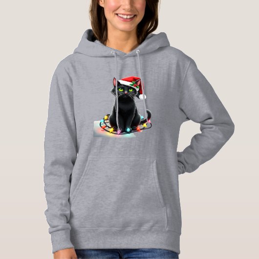 黒猫 クリスマス ライト サンタ帽子 面白い クリスマス カジュアル パーカ (正面)